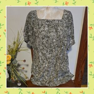 CJ Banks Olive and White Floral Square-Neck Top